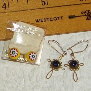 Vtg Murano/Venetian Glass Pierced EARRINGS x2, Stud & Dangle Cross,Evil Eye G35a